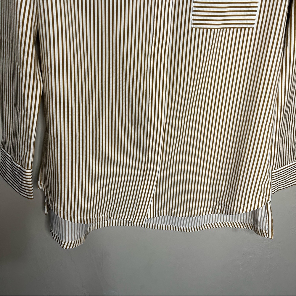 ADAY‎ Something Striped Brown White Flowy Button Down High Low Shirt - Picture 4 of 8